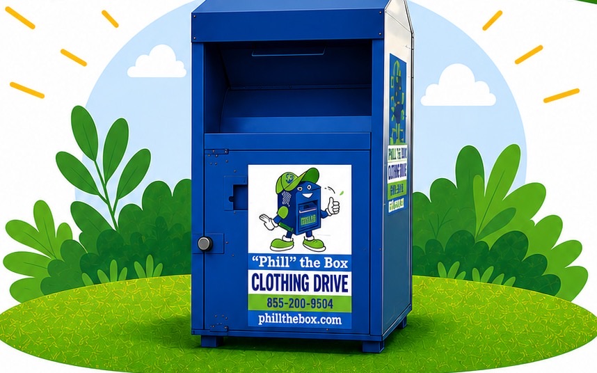 The blue Phill the Box clothing-drive bin